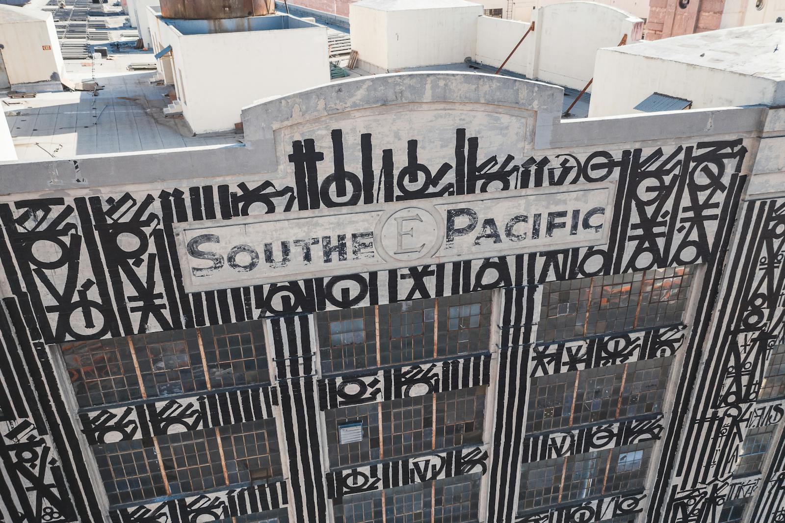 Drone view of building roof geometry